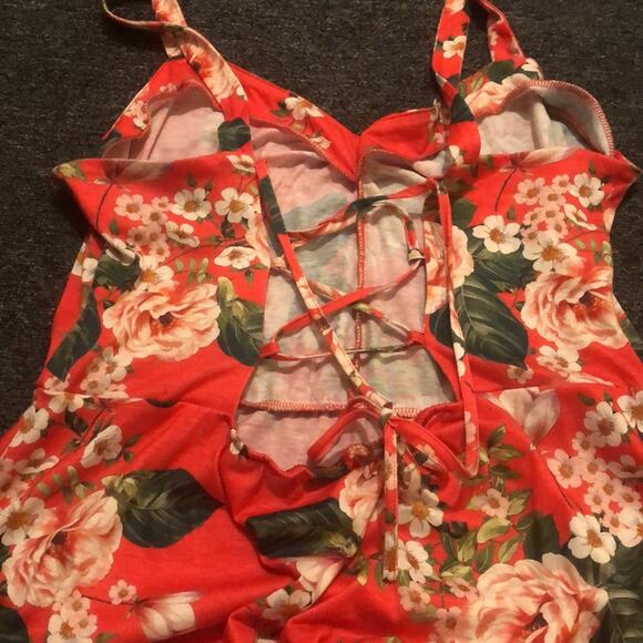 ASOS Mini Sundress With Lace-Up Back and Peplum Hem Red Floral 14 - Picture 5 of 7